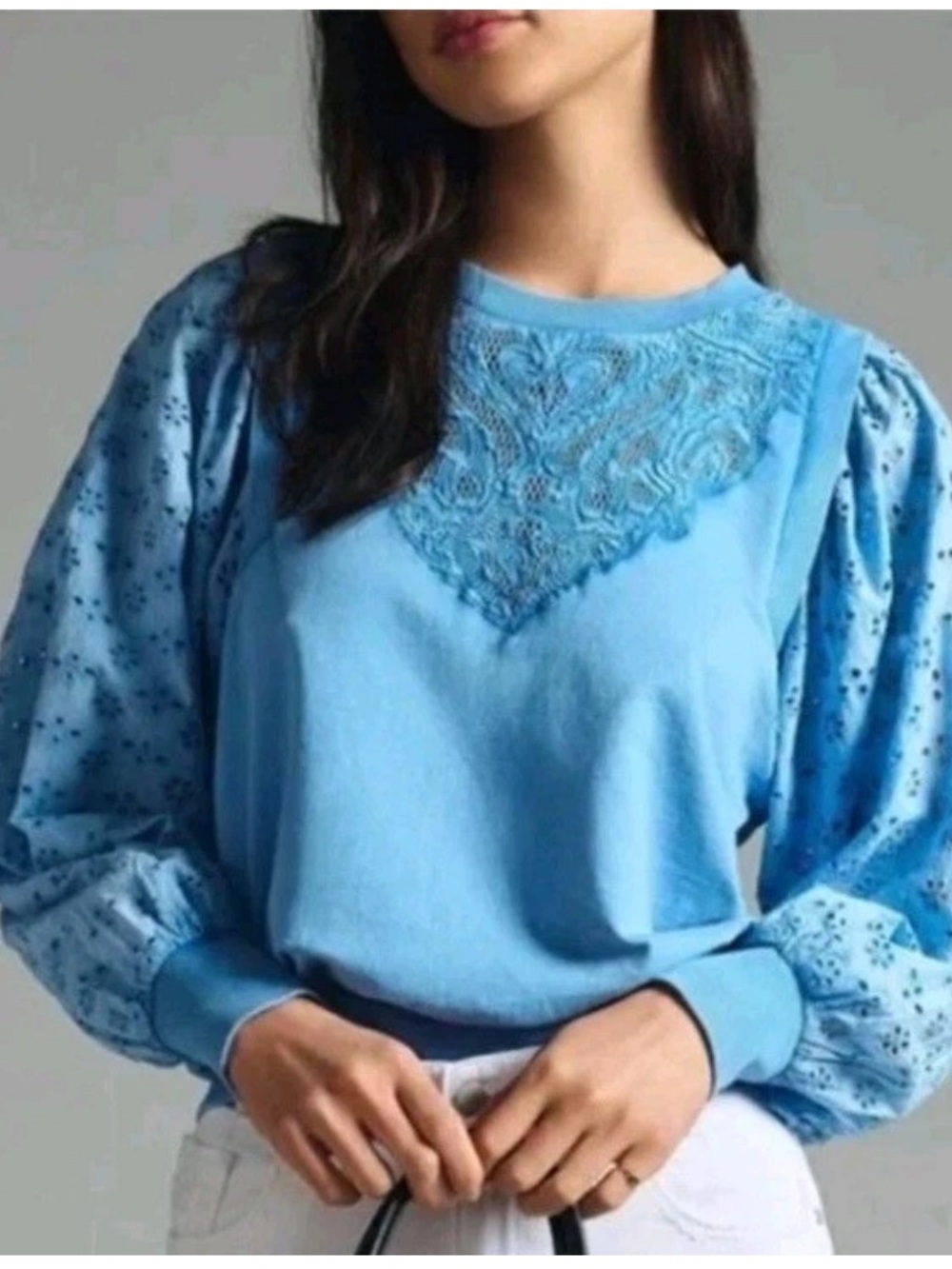 Anthropologie Pilcro Womens Washed Eyelet Sweatshirt Balloon Sleeves Blue Small